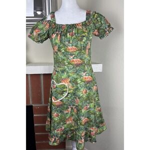 Bernie Dexter Dress Small Green Forest Deer Heart Puff Sleeve PinUp Made In USA